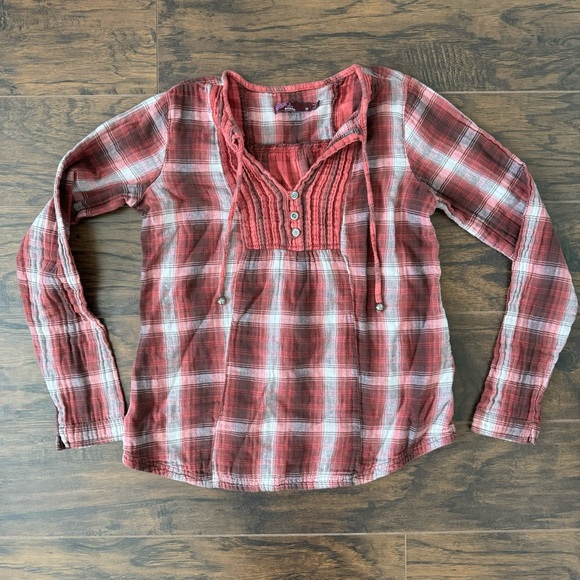 Prana Womens Red Plaid Pull Over Blouse Francine Long Sleeve - Picture 1 of 7